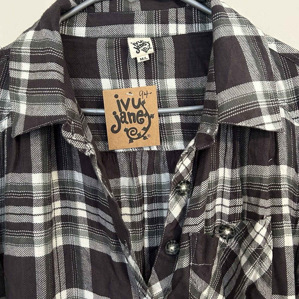 Ivy Jane Women's Plaid Popover Blouse Partial Button Boho Flannel Shirt Size M/L - Picture 3 of 8